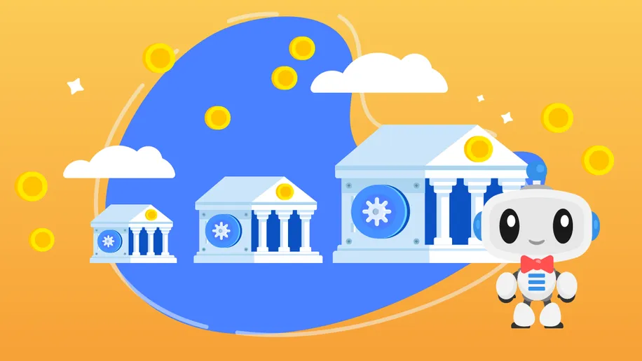 Three illustrated banks each different in size with a robot in a bowtie next to them.