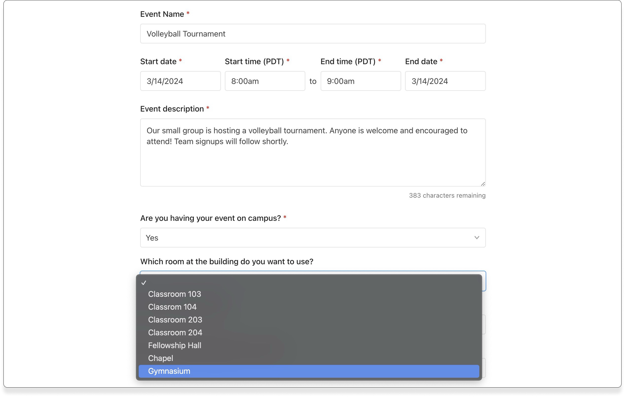 A Planning Center Calendar event request form with multiple field options and a drop-down menu for a room selection.