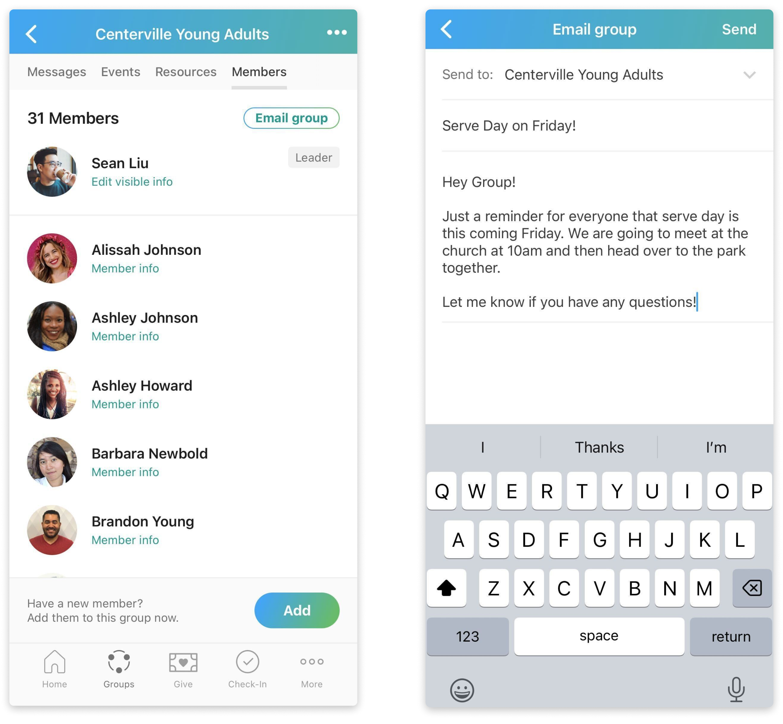 null A Groups page on the Church Center app with a button to email members and an email template.