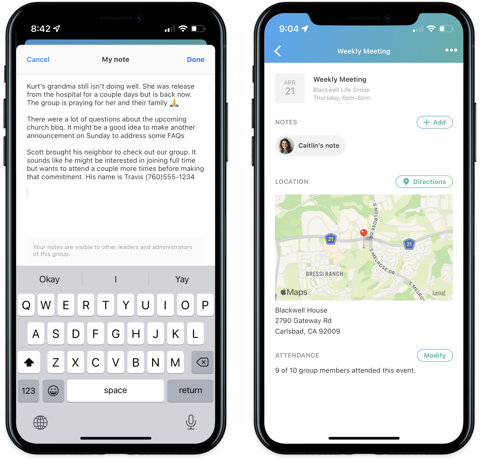 null Two iPhones with one displaying a typed note and the other how that note will appear for viewers in Church Center.