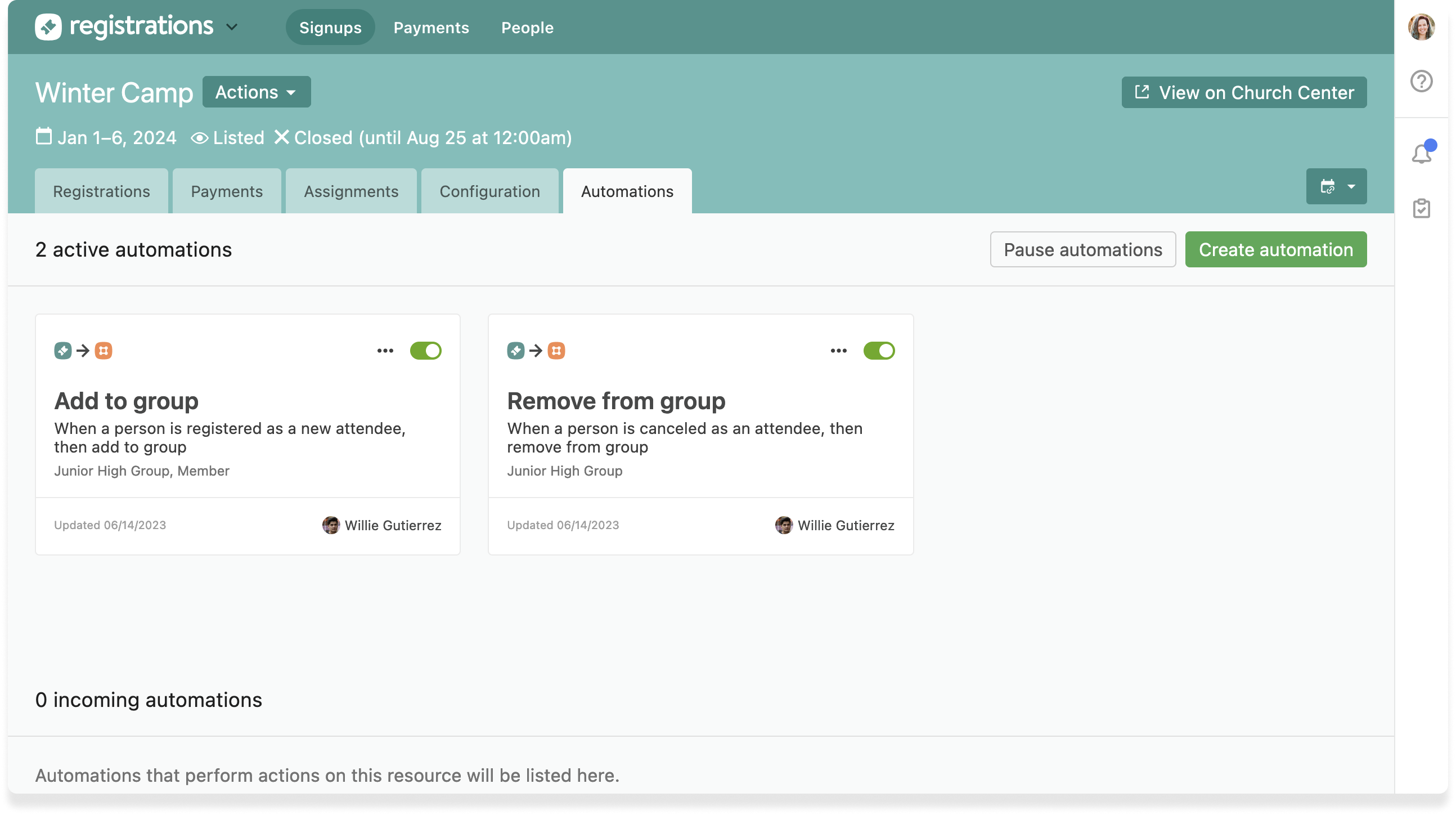 The automations tab in Planning Center Registrations with two running automations to add or remove someone from a group.