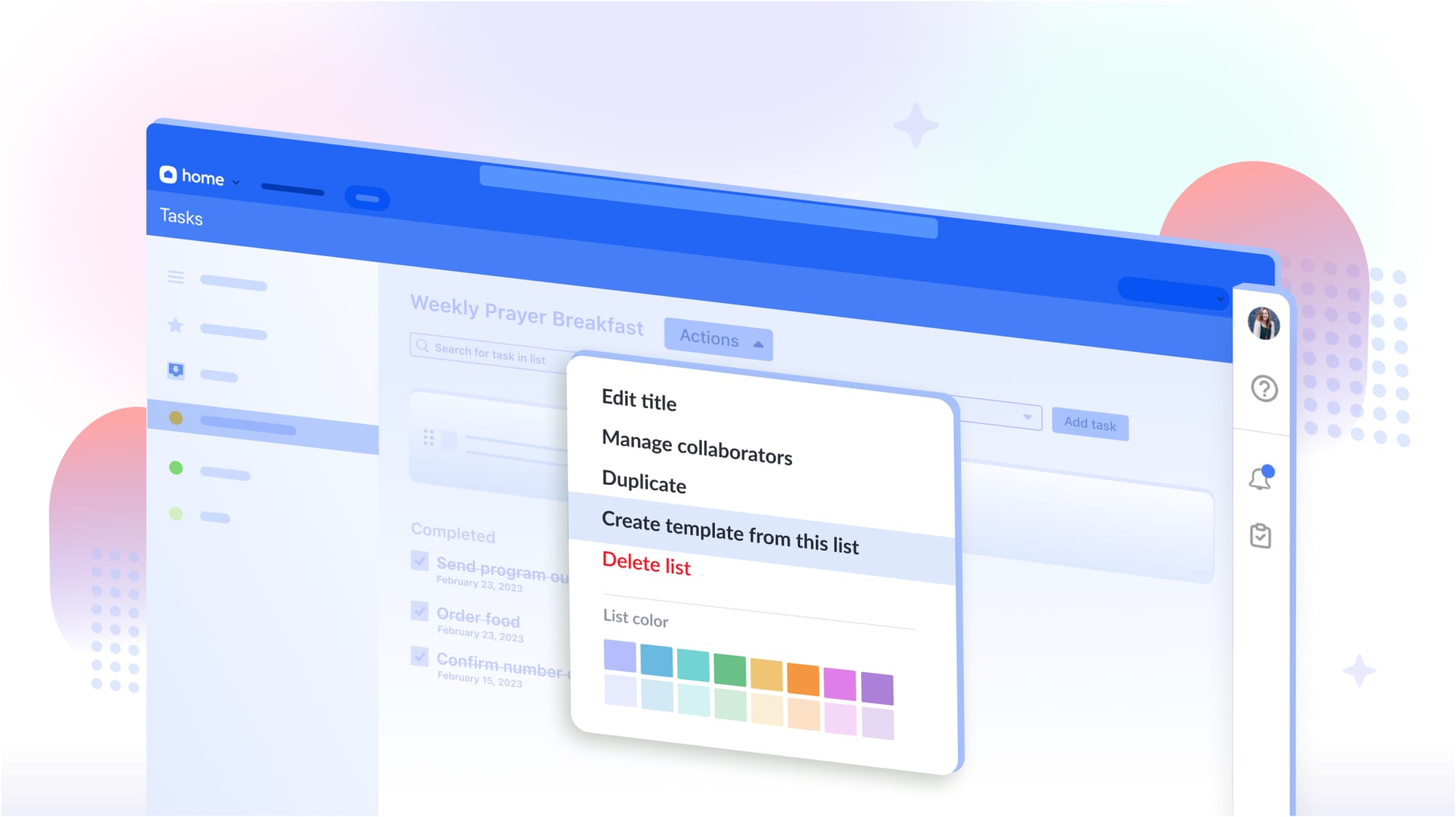 null The tasks menu in Planning Center Home with a drop-down showing the create template option.