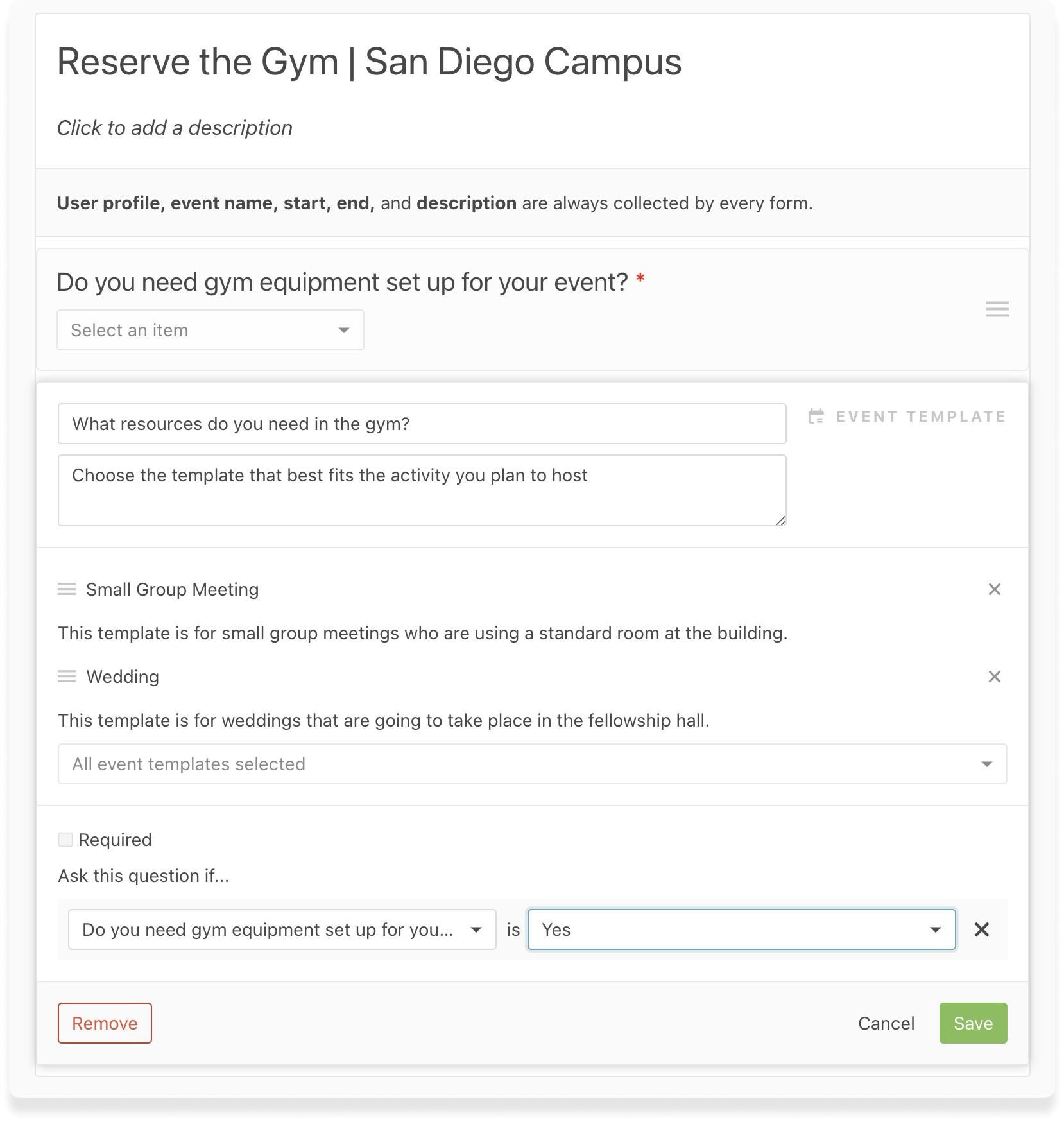 null A form builder in Planning Center Calendar with multiple fields and conditional logic.