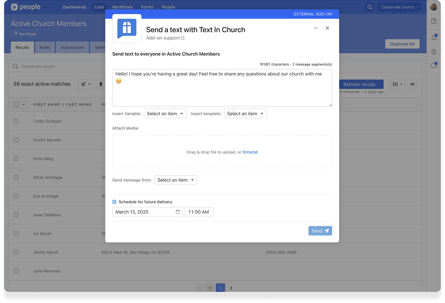 The Text In Church modal in Planning Center People with a messaging text box.