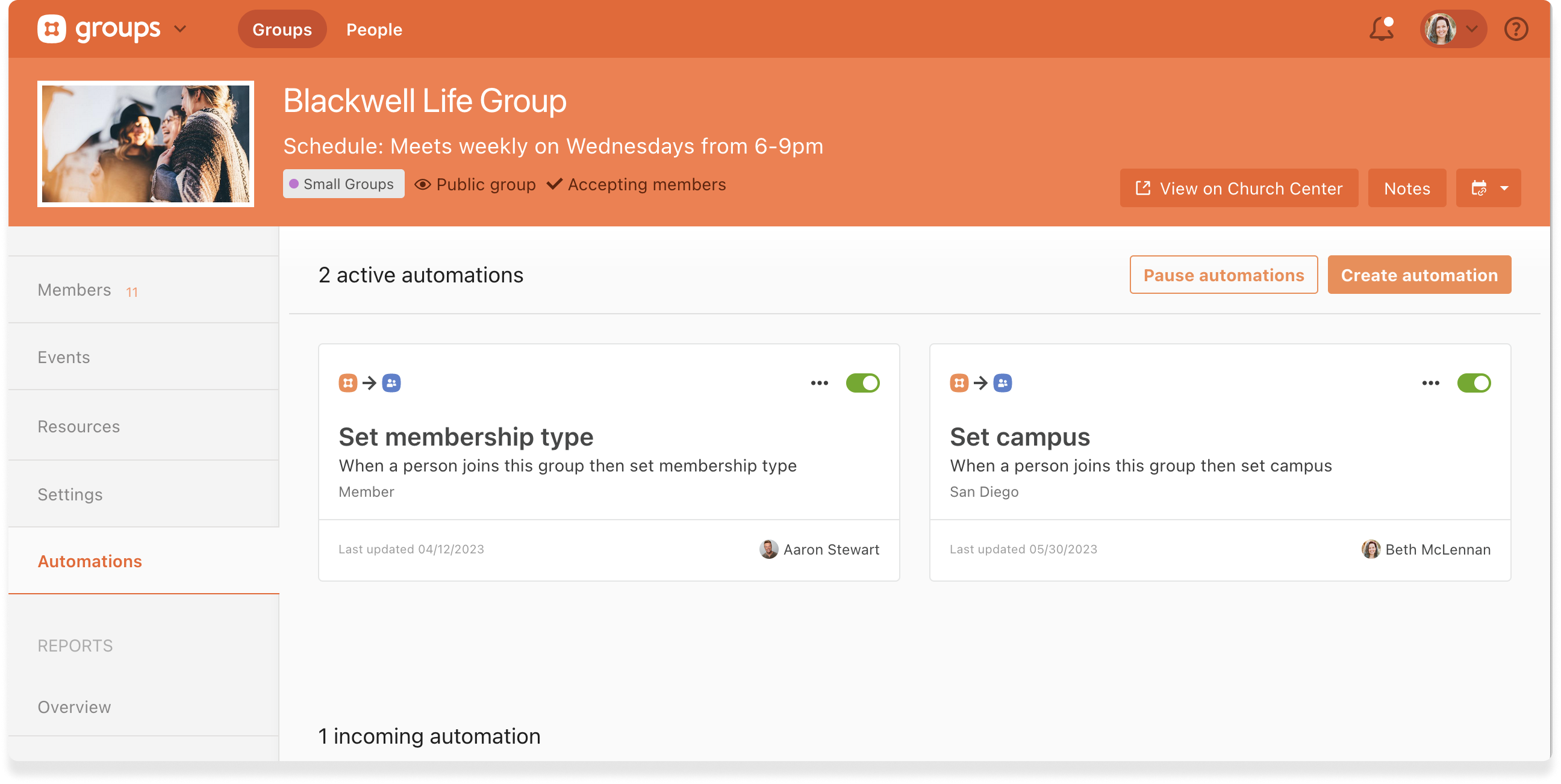 Two automation workflows for a small group that are triggered when someone joins the group.