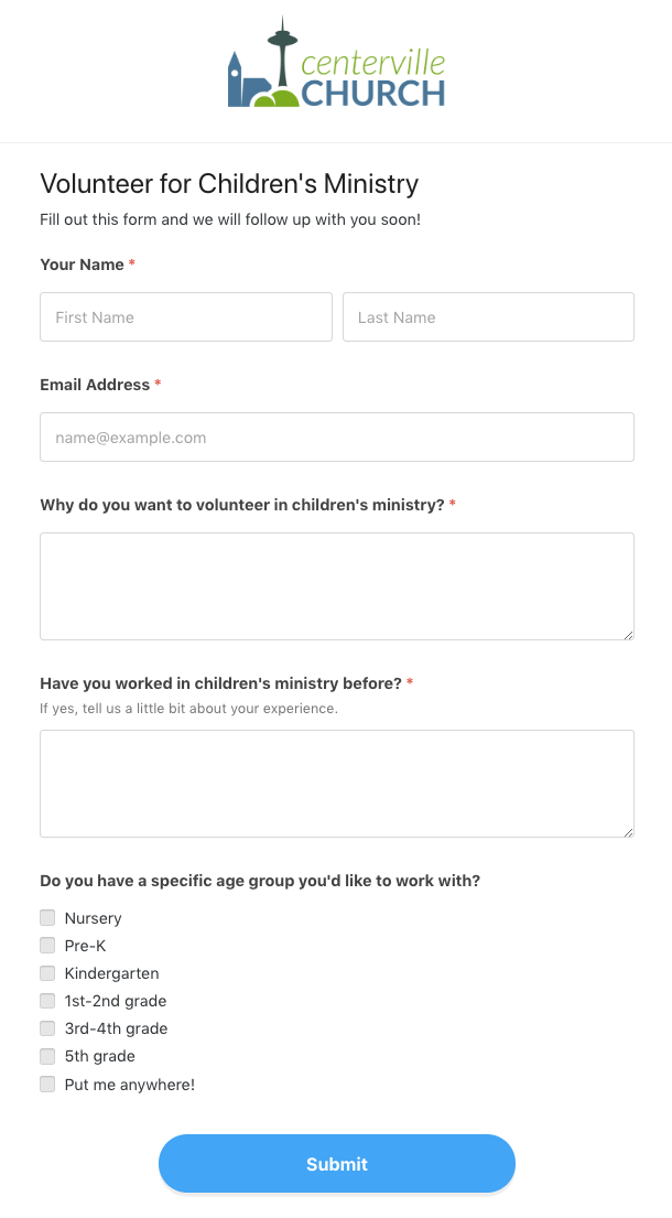 A church volunteer form with a list of questions and text boxes to answer followed by a submit button. 