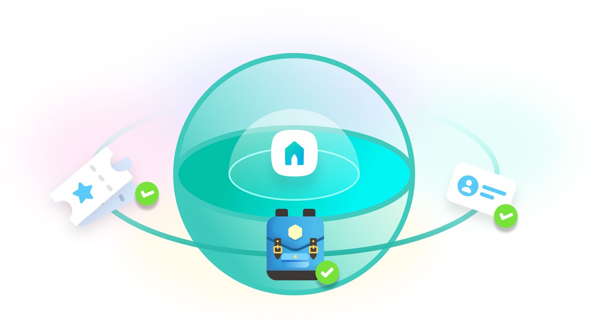 null An illustrated blue backpack with an event ticket and attendee badge floating on either side.