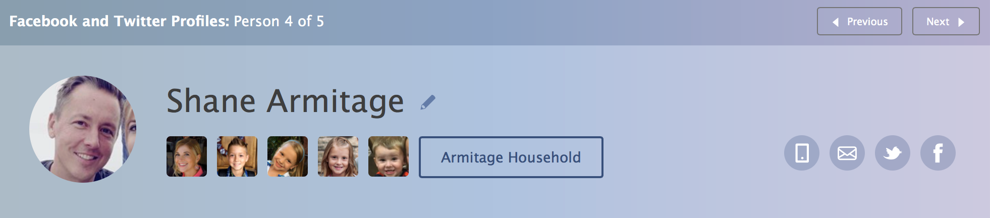 null Profile playlist view with headshot and images of family members.