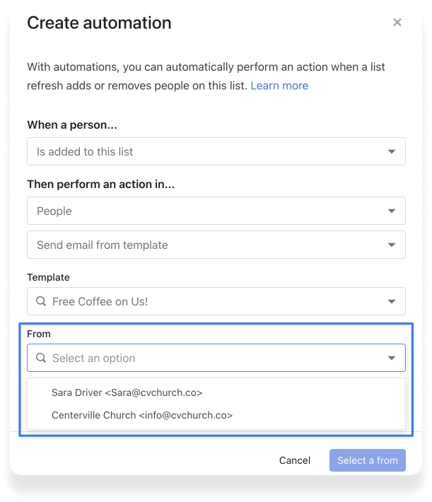 An automation creation modal with dropdown menus for action triggers.