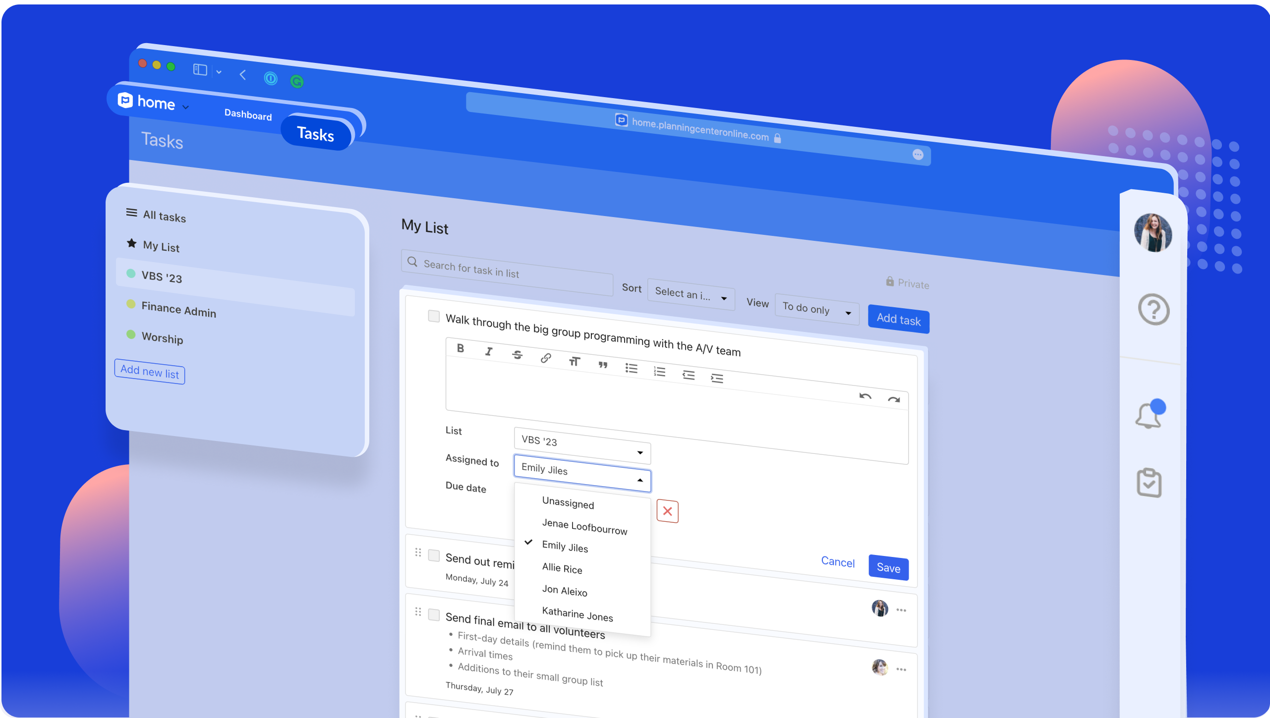 A task in Planning Center Home with a drop-down menu to assign it to a team member.
