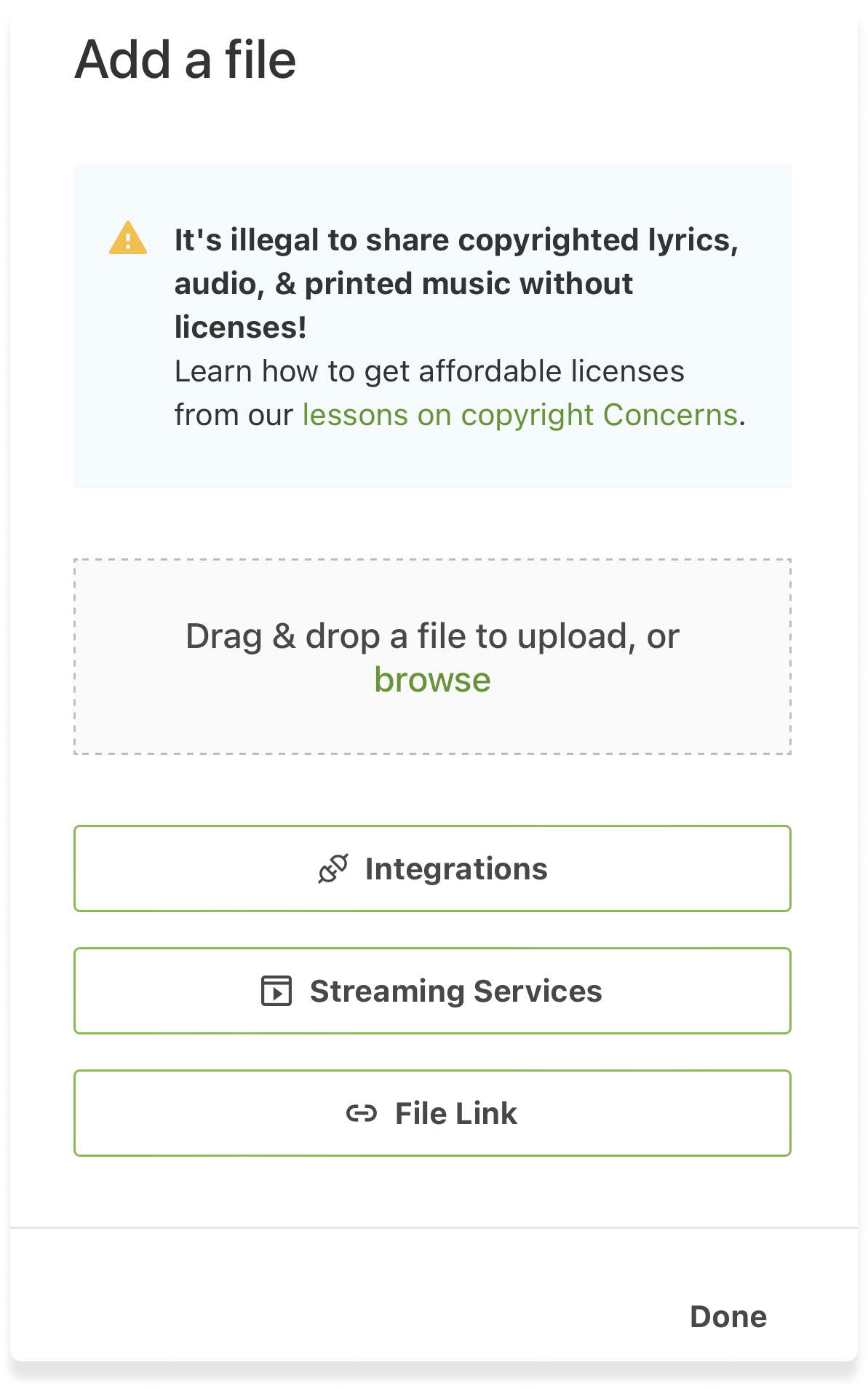 The new Add File popup view on mobile in Planning Center Service.