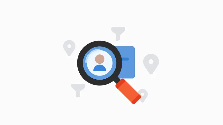 A magnifying lens zooming in on a stick figure avatar of a profile card.