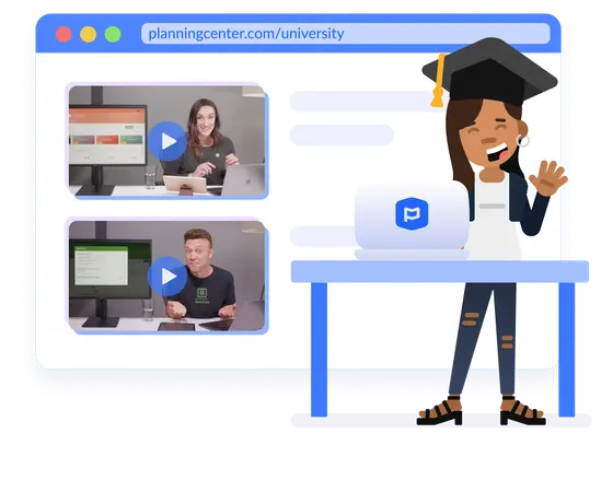 Smiling woman in a graduation cap standing at the table with a laptop on it next to a browser window with two videos.