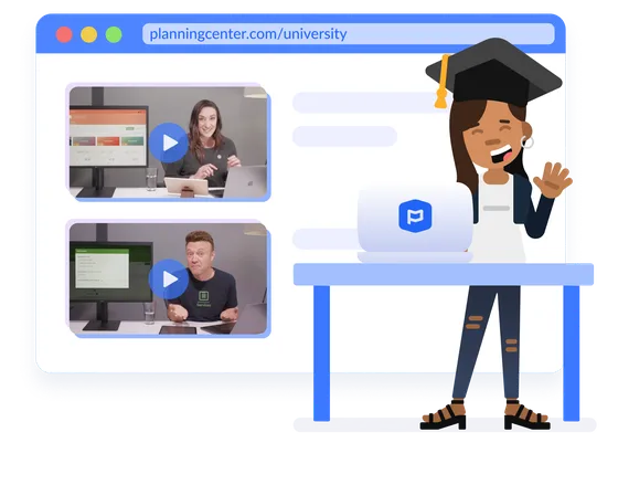 Smiling woman in a graduation cap standing at the table with a laptop on it next to a browser window with two videos.
