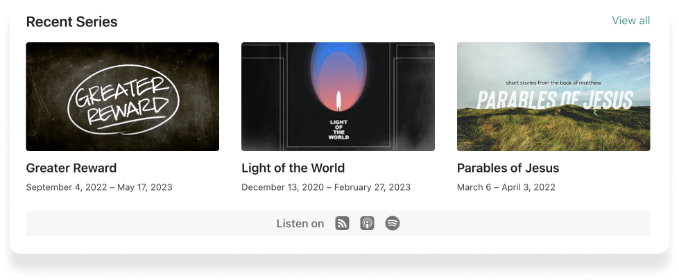 null Sermons listed on a Church Center sermons pages with linked Apple and Spotify icons.
