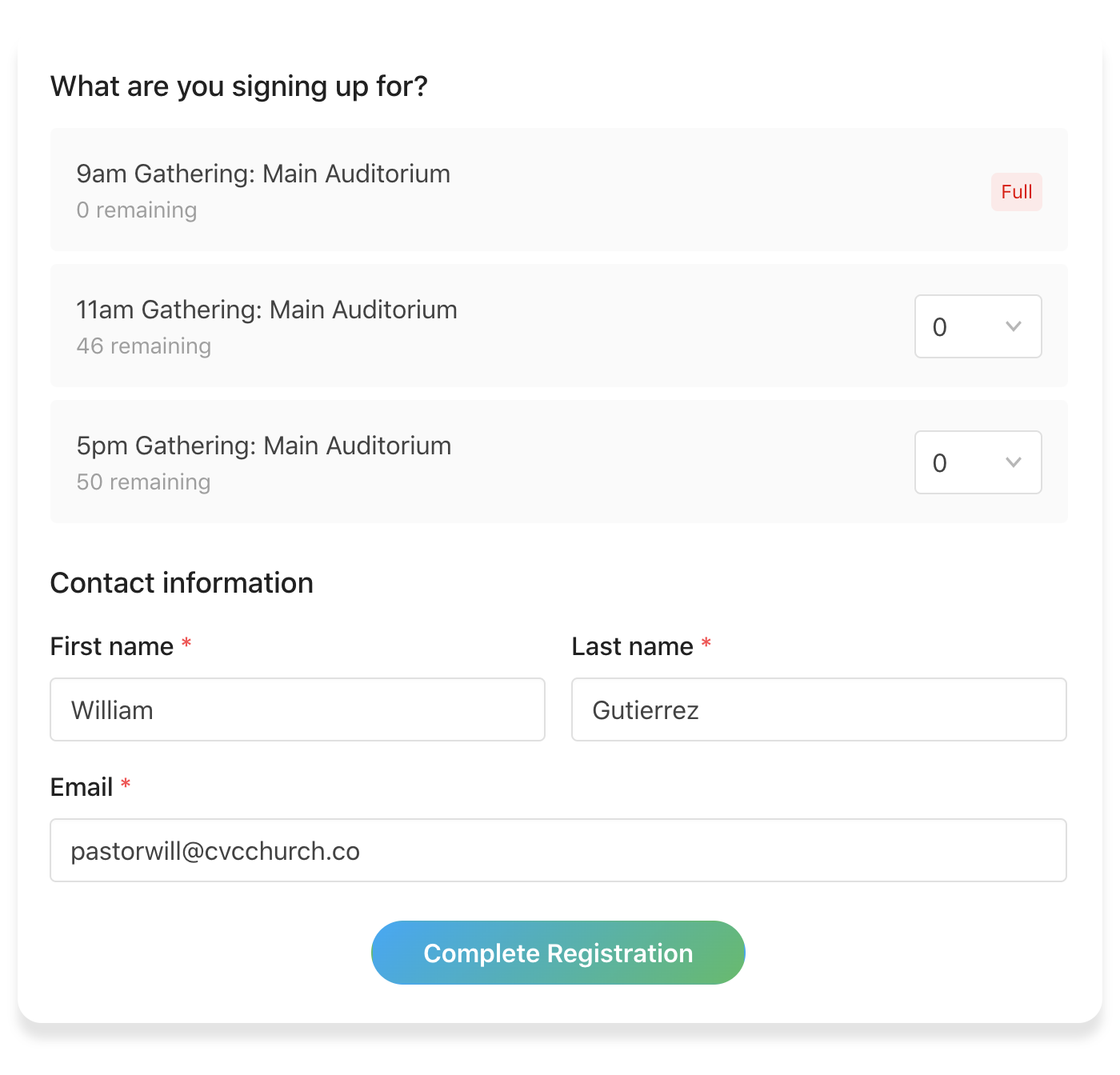 null A registration form with options to select different gatherings and how many people will be attending at each.