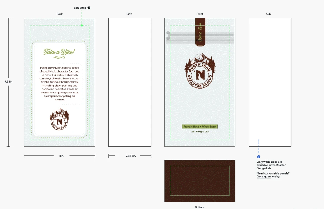 Flat Bottom Bag packaging design for "North Trail Roasters" featuring brown and green elements, a logo with trees, and text about the French Blend Whole Bean.