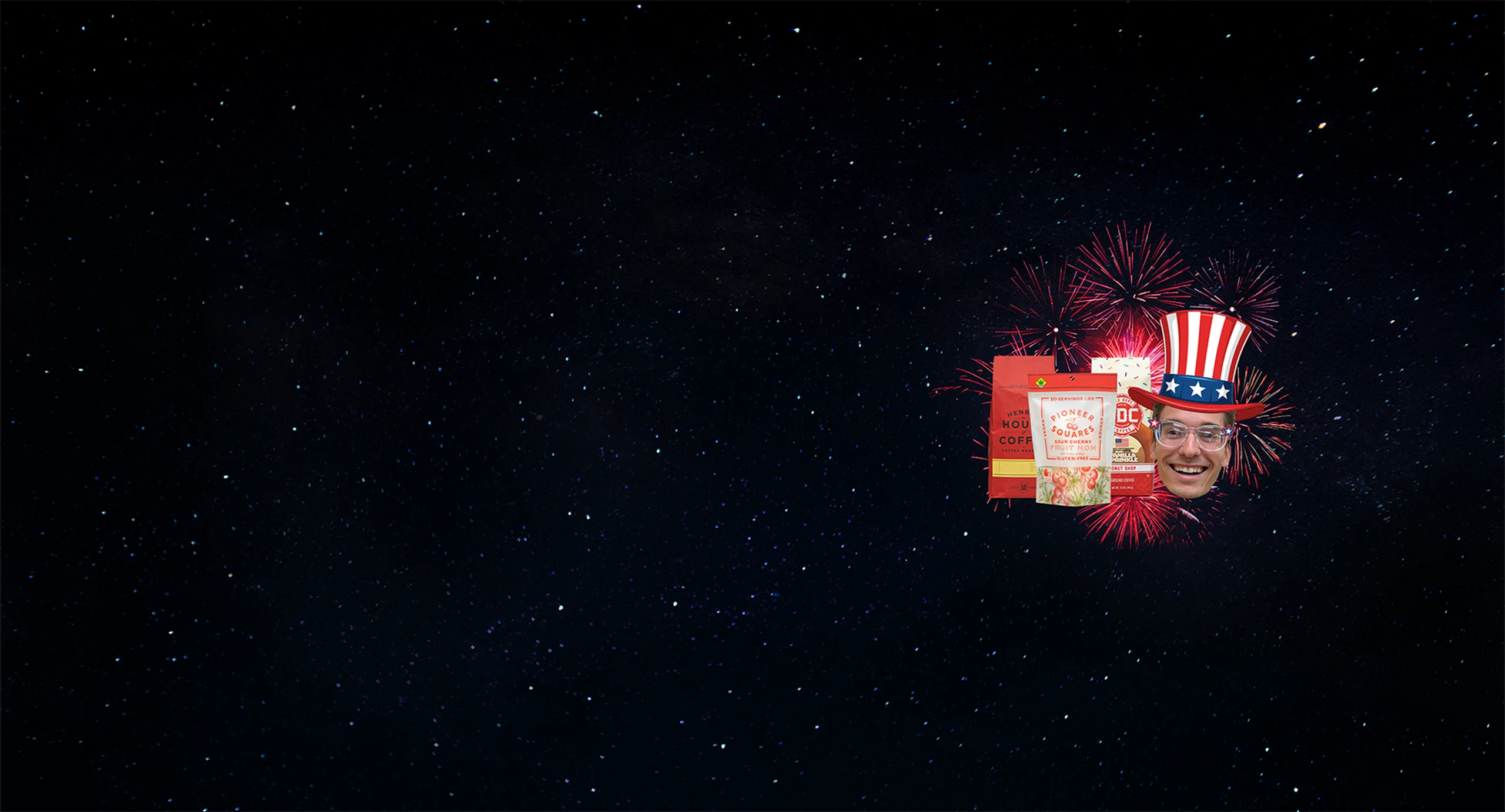 Man wearing a patriotic hat, smiling next to bags of packaging against a dark sky with red fireworks.