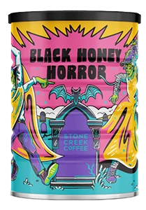 Brightly colored coffee can labeled