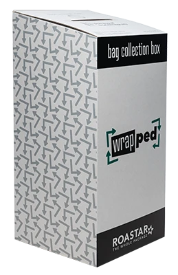Cardboard bag collection box with "wrapped" and "ROASTAR®" logos, featuring a gray geometric pattern on two sides.