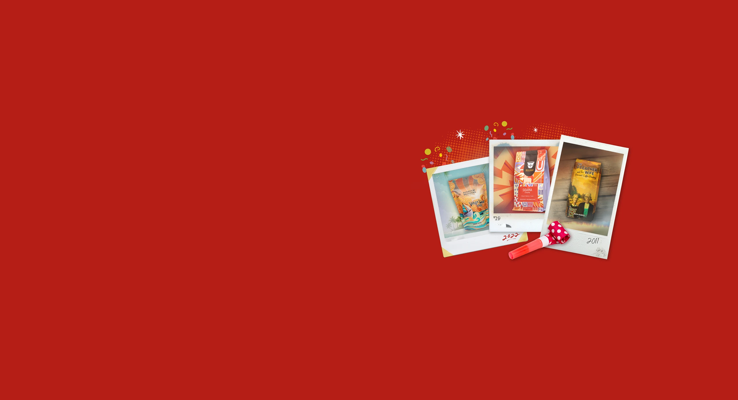 Photos on red background celebrating Roastar's 15th anniversary with designs from 2008, 2011, 2019, and 2022.