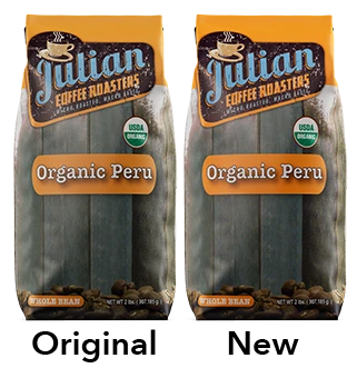 Two 2 lb gusset bags of Julian Coffee Roasters Organic Peru whole bean coffee, featuring a USDA Organic label and a rustic design.