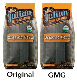 Two 2 lb gusset bags of Julian Coffee Roasters Organic Peru whole bean coffee, featuring a USDA Organic label and a rustic design.