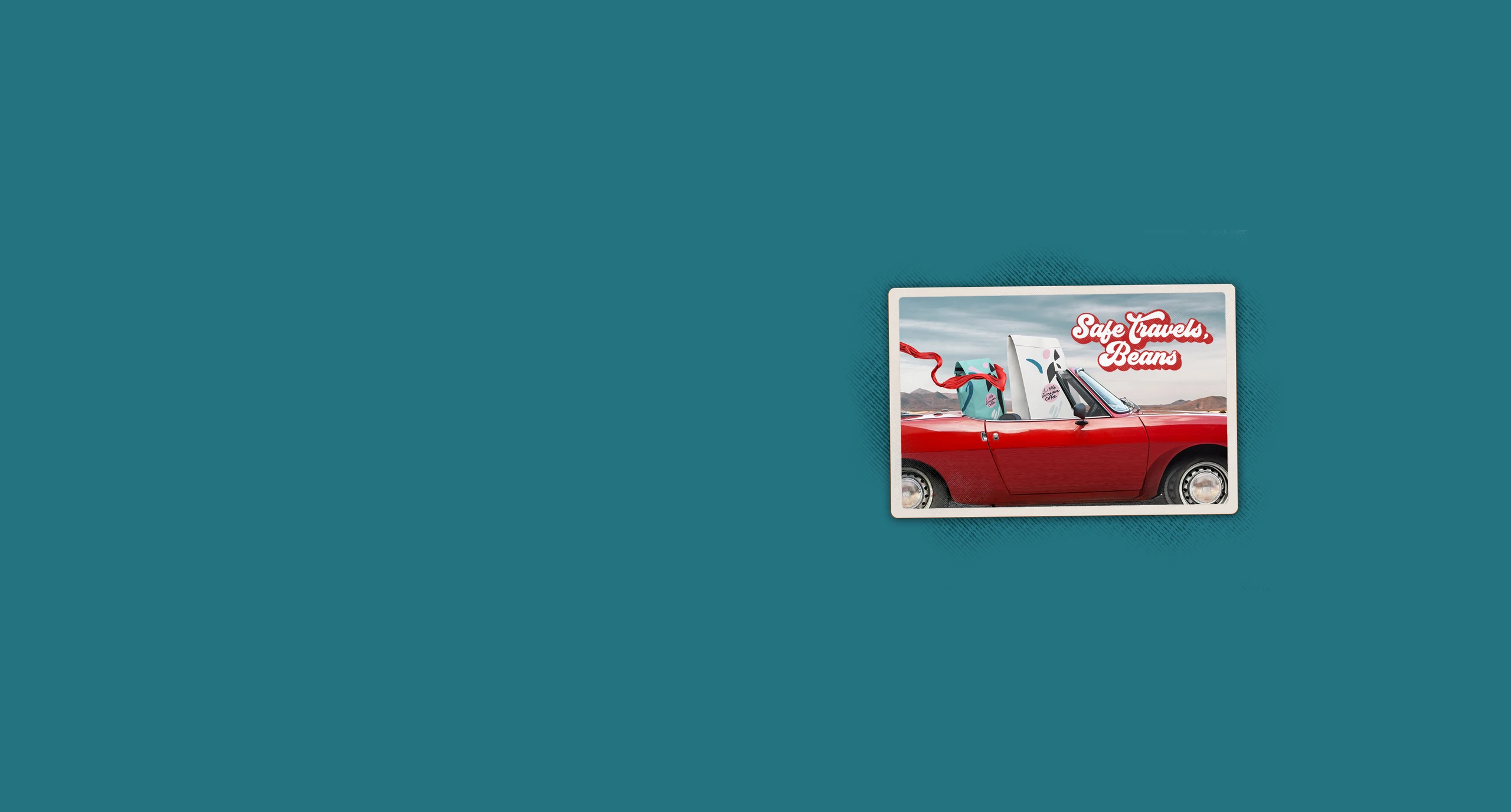 Red convertible car with a custom paper mailer in the driver's seat, and a custom-printed gusset bag in the passenger seat against a blue background. Text reads "Safe Travels, Beans."