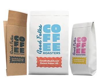 Custom paper mailer bags in white Kraft and brown Kraft with Good Folks Coffee Roasters brand.