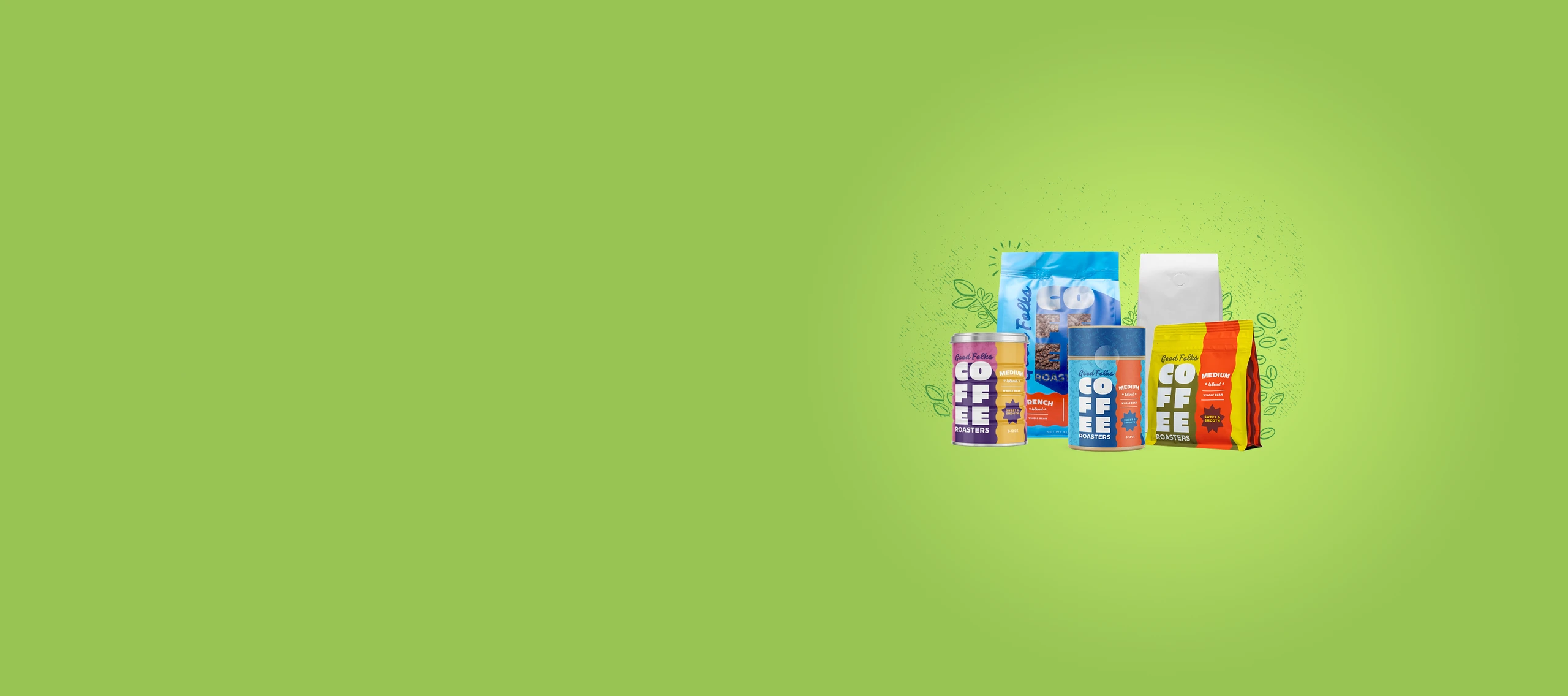 Assorted coffee products, including cans and bags, arranged on a light green background with decorative swirls.