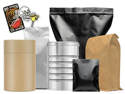 Various coffee packaging types including bags, a paper tube, and custom stickers with a skull and espresso theme.