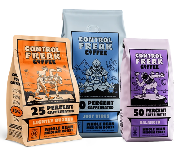 Three bags of Control Freak Coffee: Lightly Buzzed, Just Vibes, and Balanced