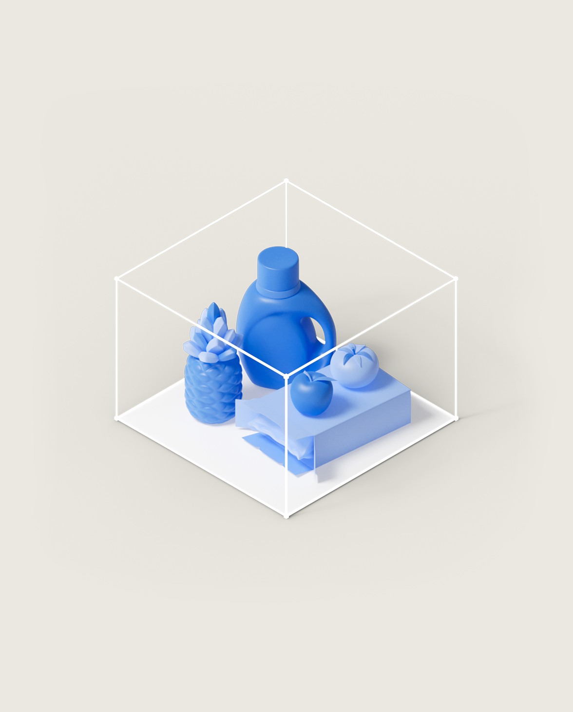 An outlined box containing blue-hued 3D models of a pineapple, liquid detergent, an apple, a tomato, and a cereal box