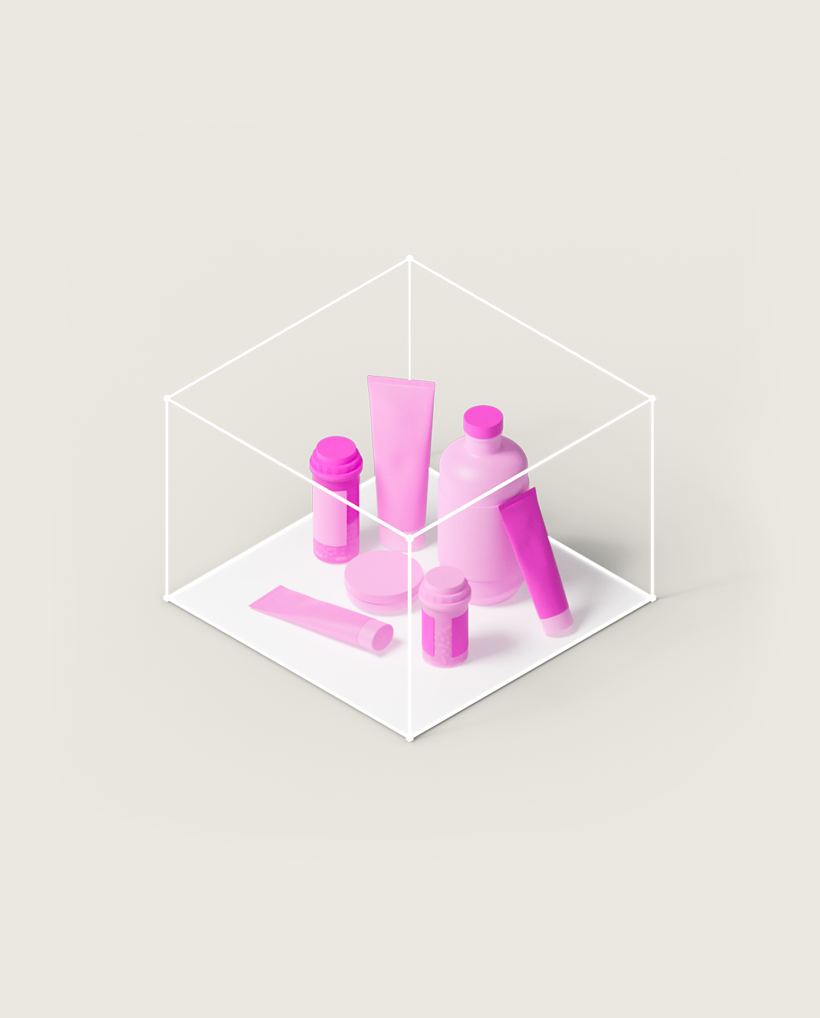 Pink-hued 3D models of healthcare supplies in different sizes like pill bottles, creams, ointments, and liquids