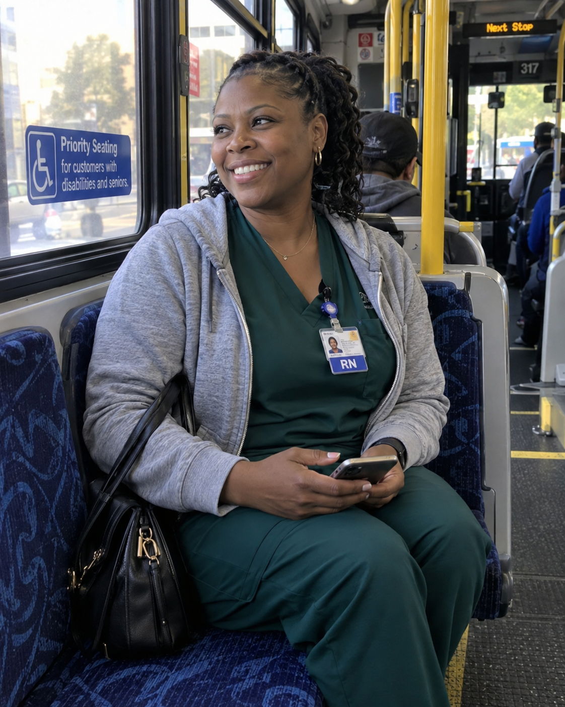 nurse riding bus