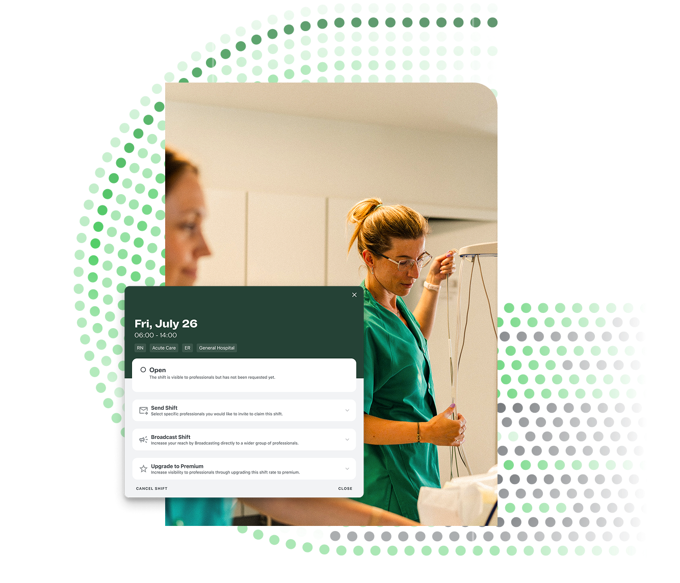 Dot matrix graphic with ui and two nurses