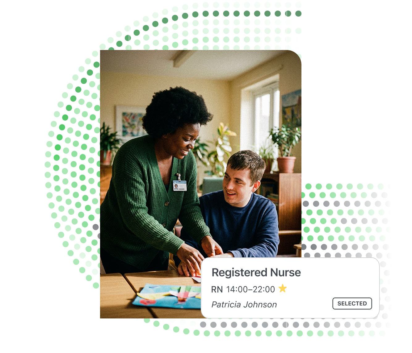 nurse assisting patient with UI overlay