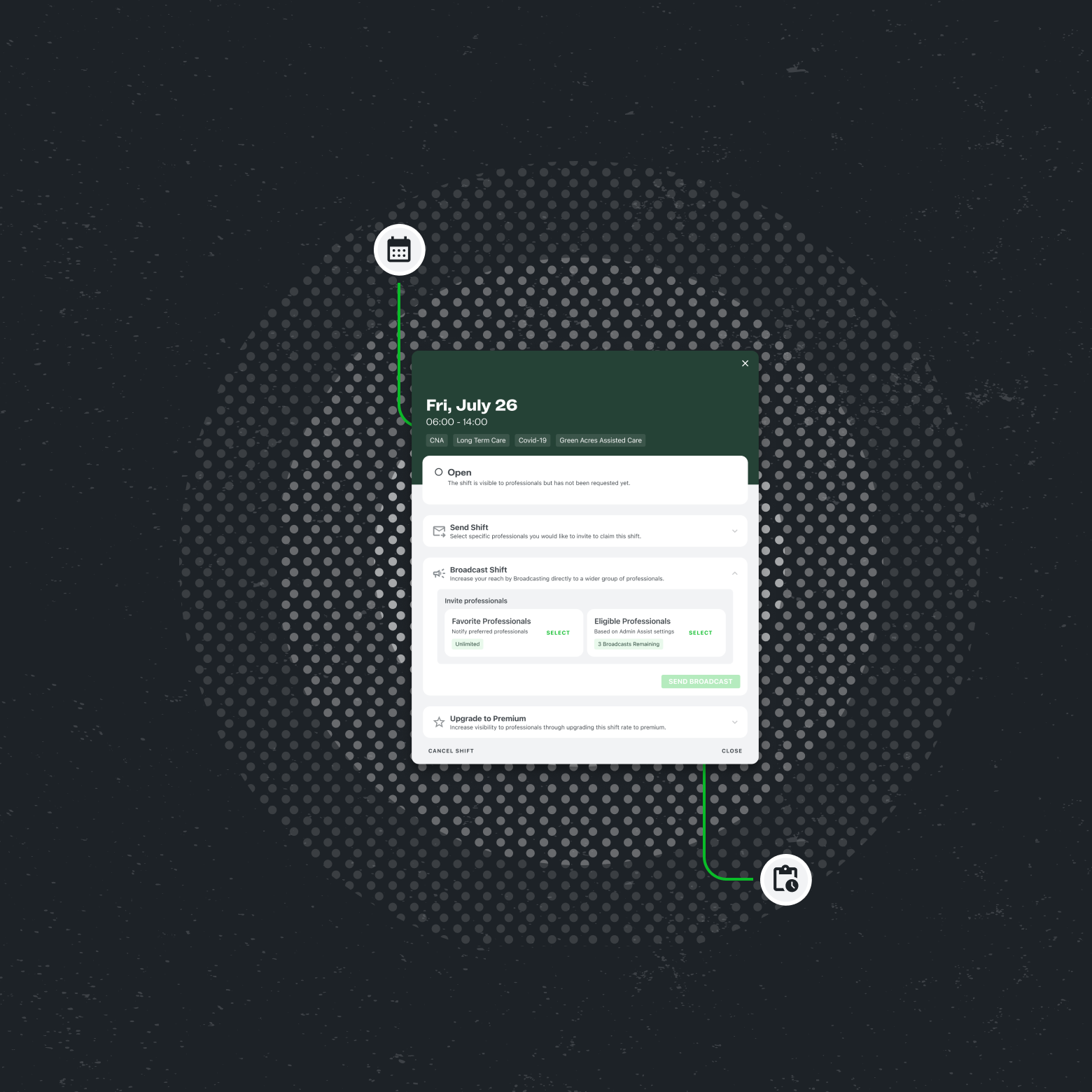 ShiftKey's Send Shift and Broadcast Shift UI against a greyscale dot matrix