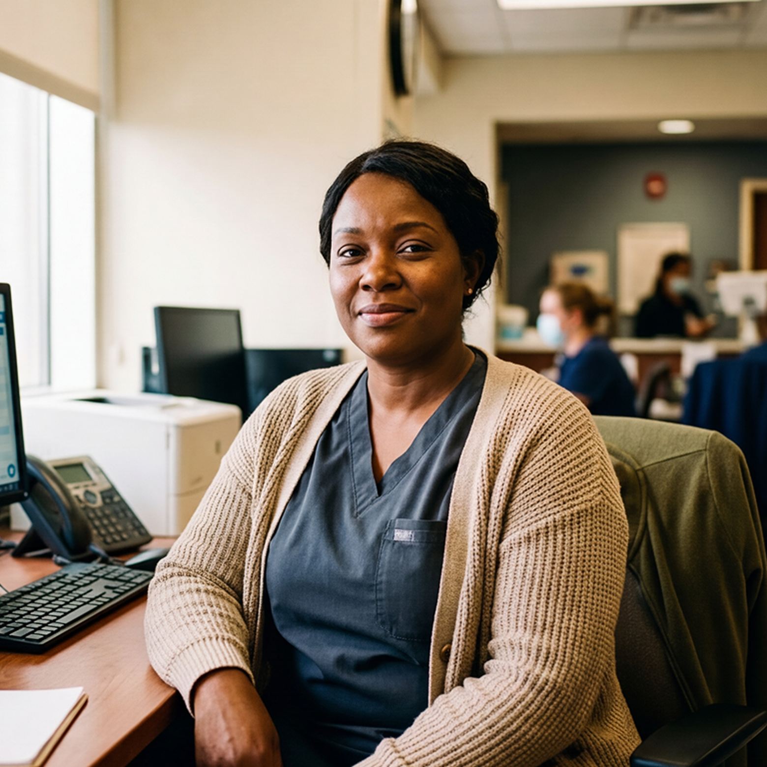 A nurse scheduler at her desk in grey scrubs and a brown cardigan.