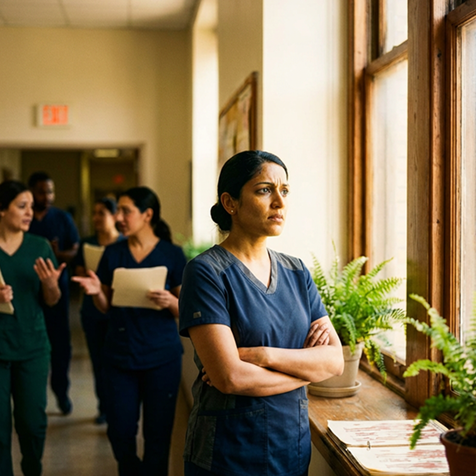 A worried nurse stares out the window.