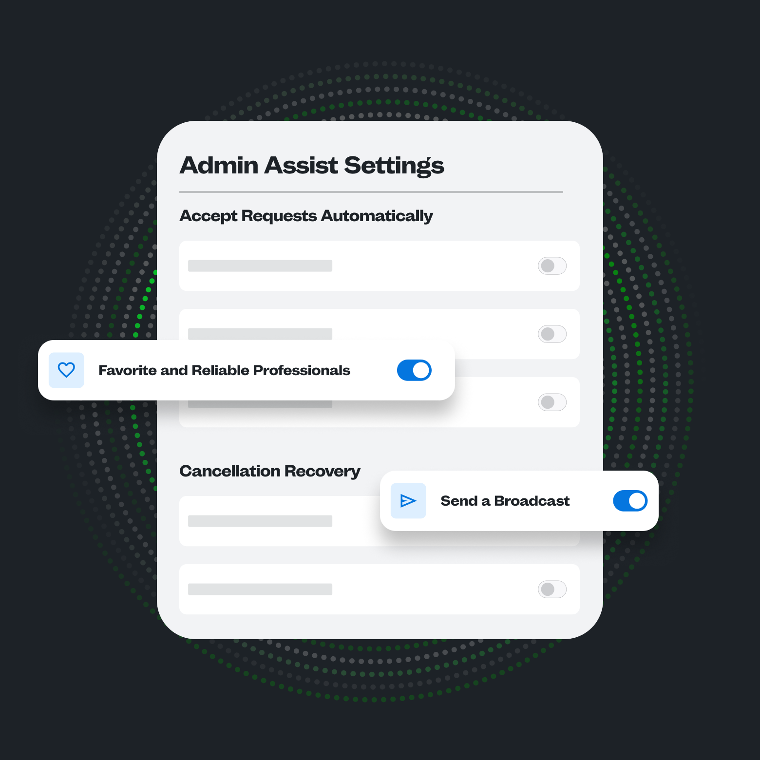A settings abstraction of the ShiftKey feature, Admin Assist, with callouts for "Favorites and Reliable Professionals" and "Send a Broadcast."