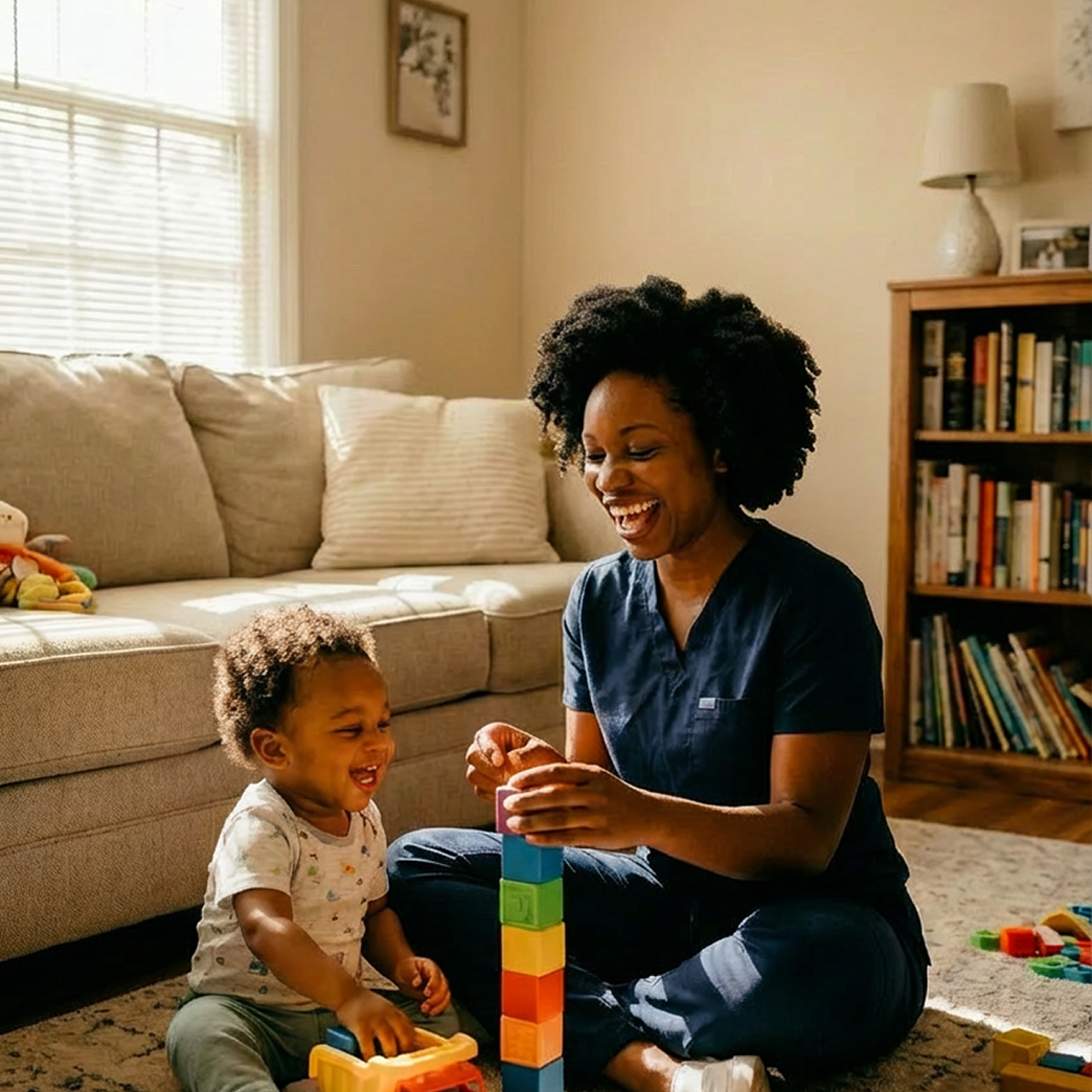 A nurse plays with her young child in the living room.