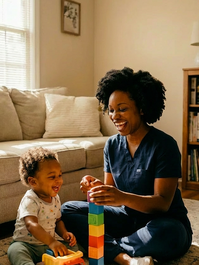 A nurse plays with her young child in the living room.