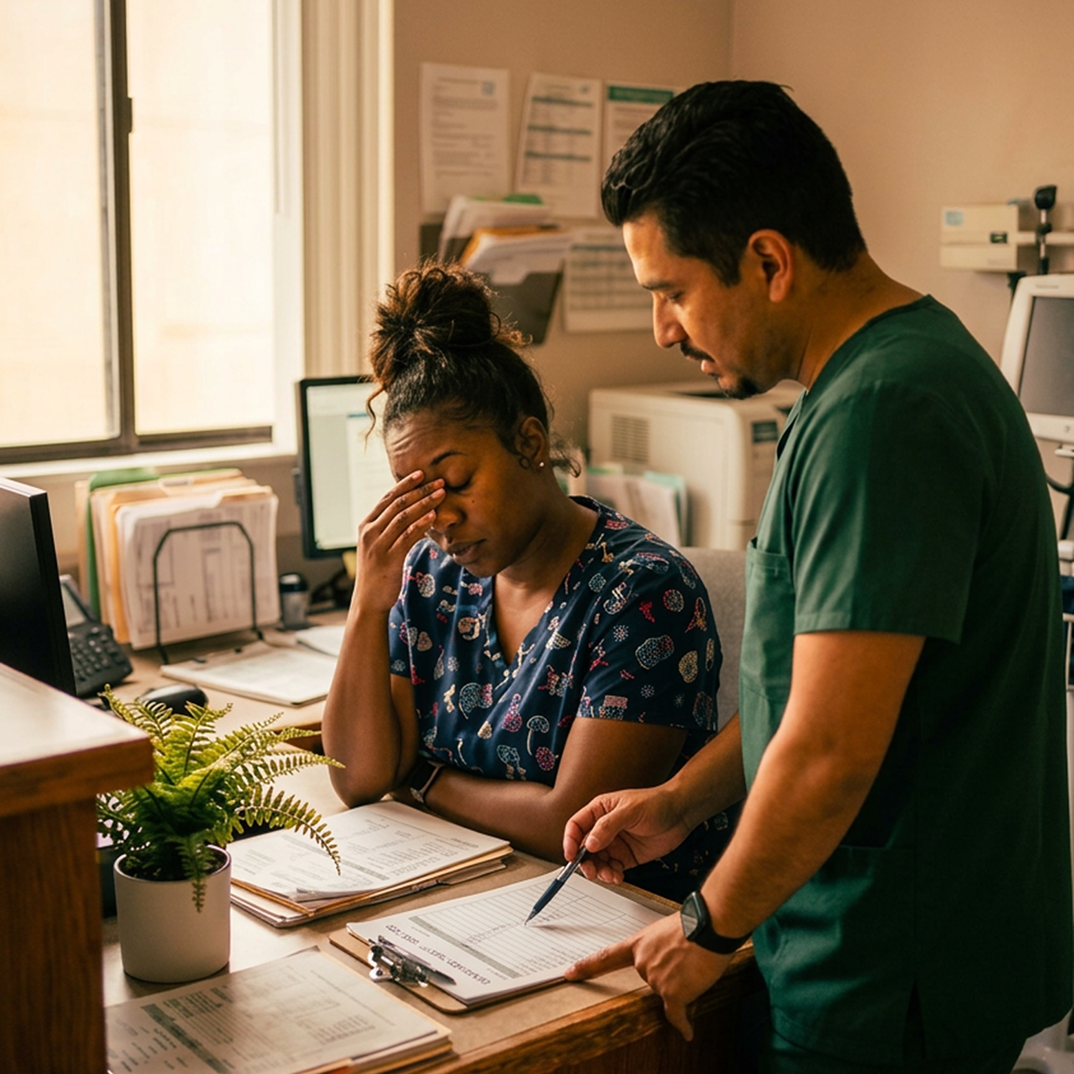 Two nurses, one with her hand on her head appearing to be burned out, the other pointing at a clipboard.