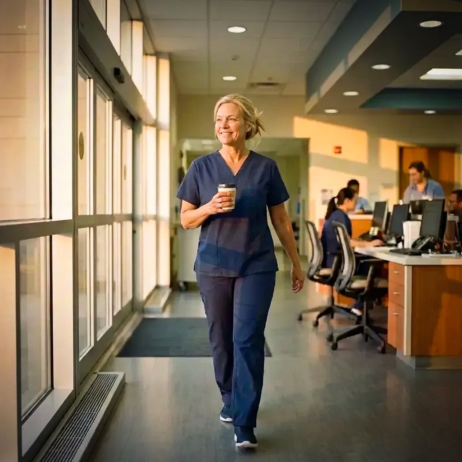 A nurse strolls by a wall of windows with coffee, smiling.