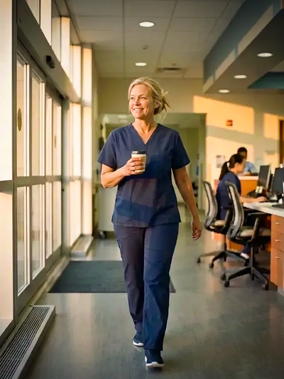 A nurse strolls by a wall of windows with coffee, smiling.