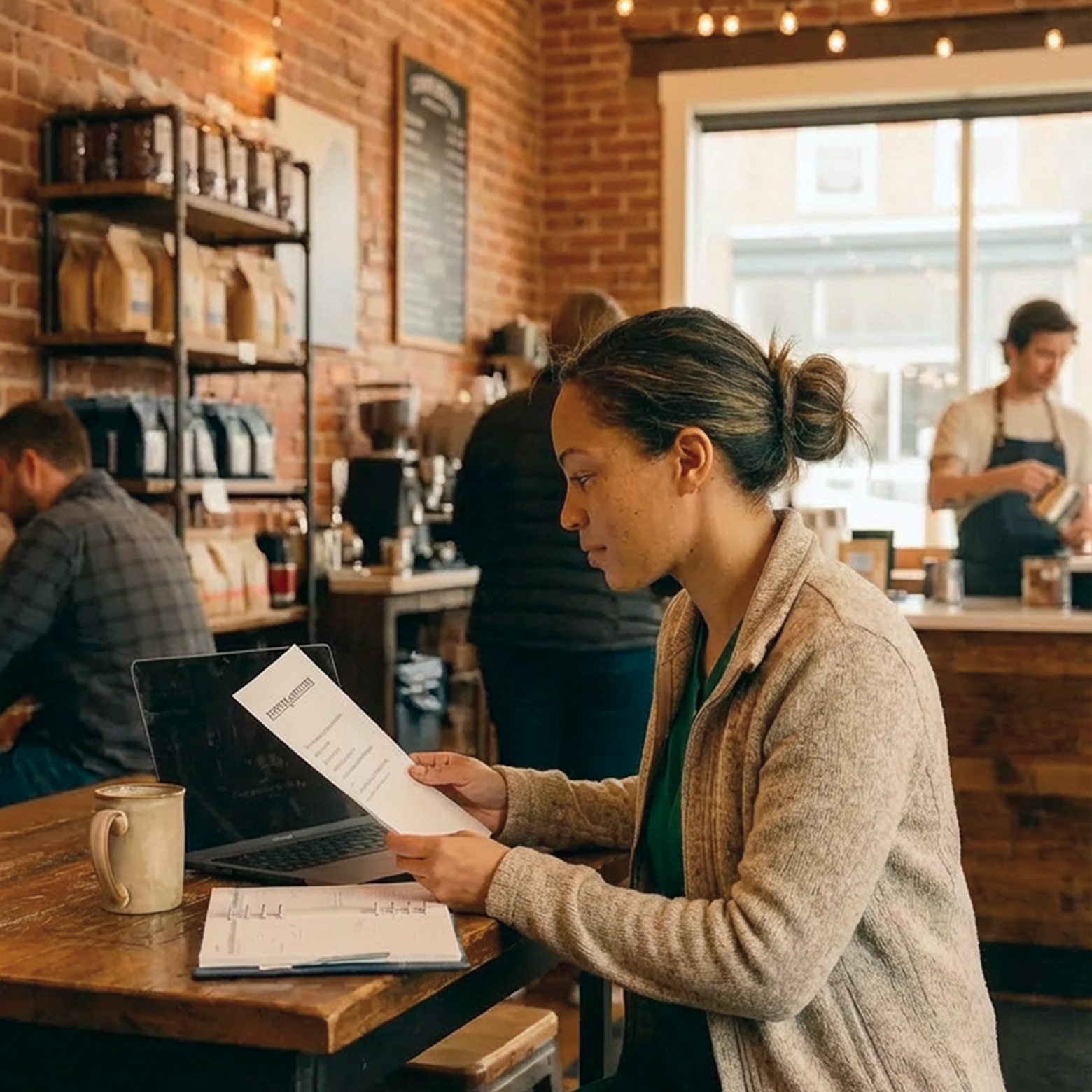 Nurse working in a coffee shop.