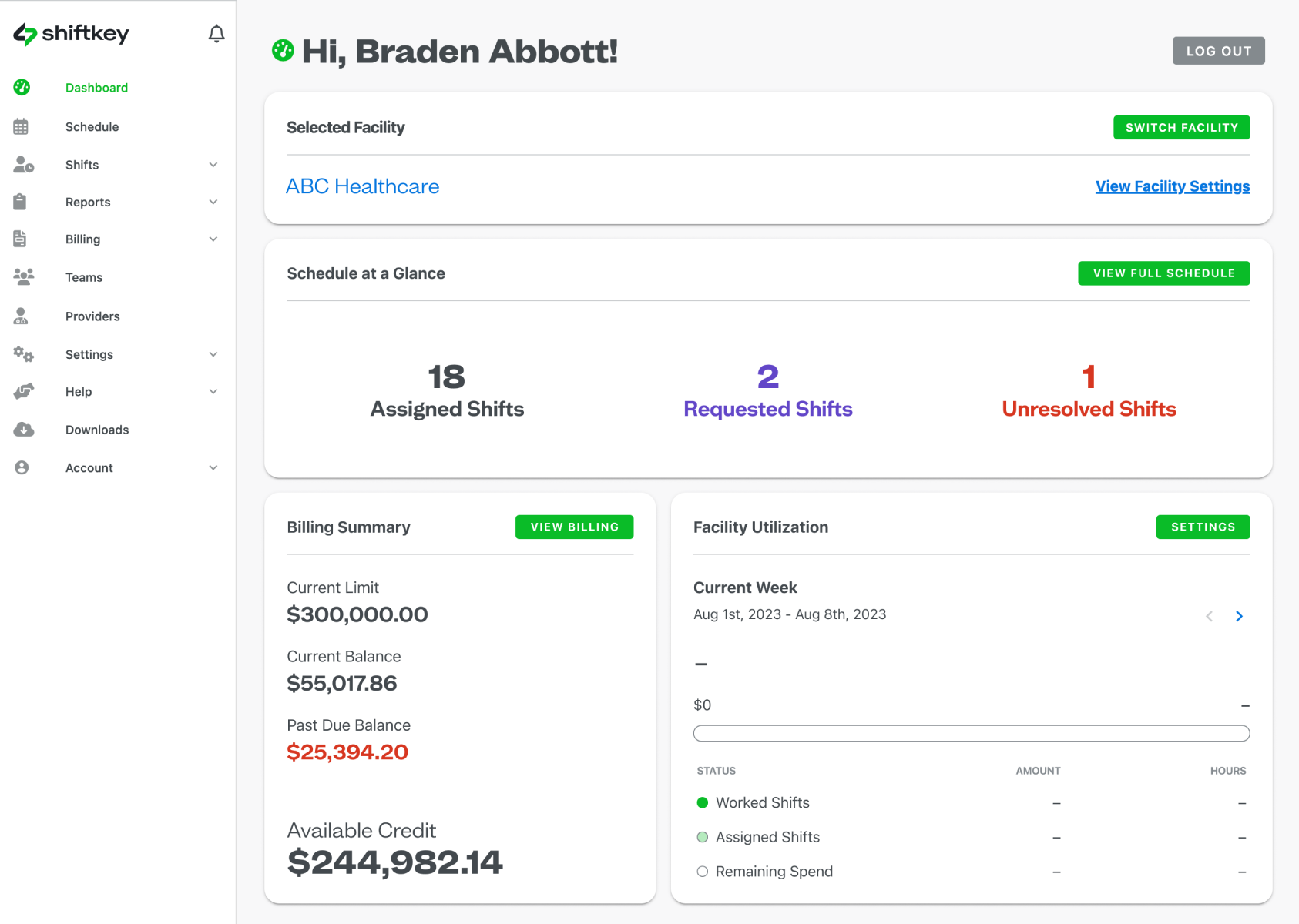 An image of ShiftKey's Utilization Tracker UI