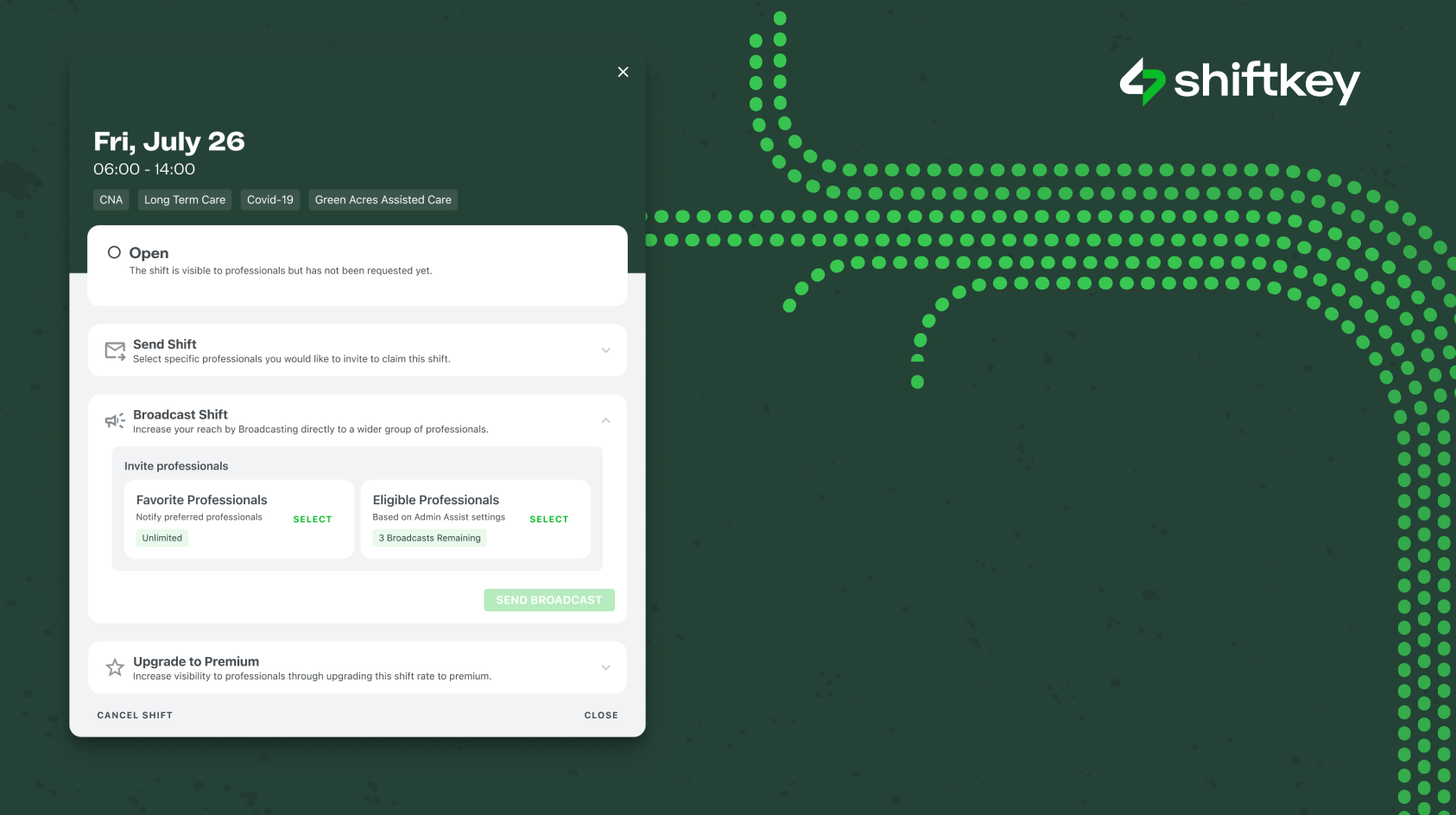 An image of ShiftKey UI for directly inviting professionals