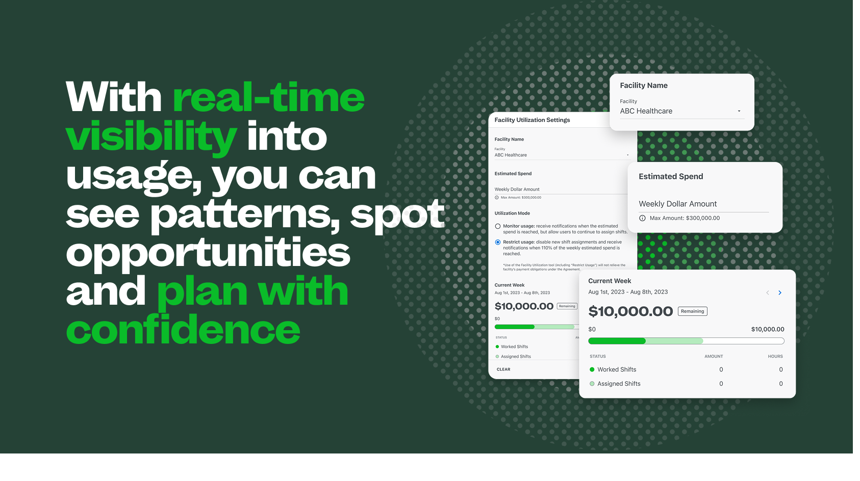 A picture of ShiftKey's Utilization Tracker UI, alongside the phrase: "With real-time visibility into usage, you can see patterns, spot opportunities and plan with confidence."